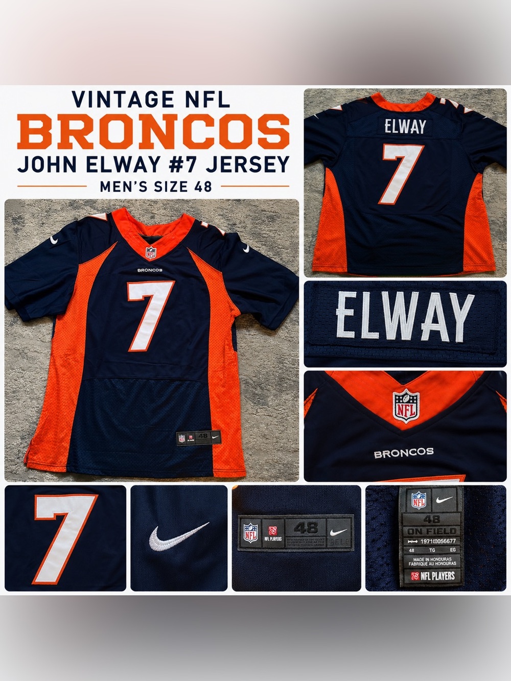 Nike Denver Broncos John Elway #7 NFL On Field Jersey Men’s Size 48 Orange Blue